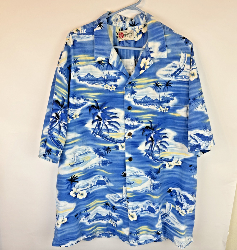 Hilo Hattie Made In Hawaii Men's 3XL Aloha Shirt. Blue Red Hibiscus Label pocket